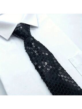 Black Sequin Party Tie – Adjustable Clip-On, 13.8in, Polyester Glitter Tie